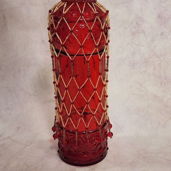 Vtg Red 12.75" Tall Glass Bottle w Hand Beaded Detailing - Picture 10 of 10